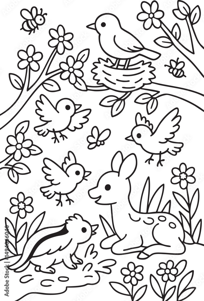 Obraz premium Spring Forest Scene with Blooming Flowers – Coloring Page