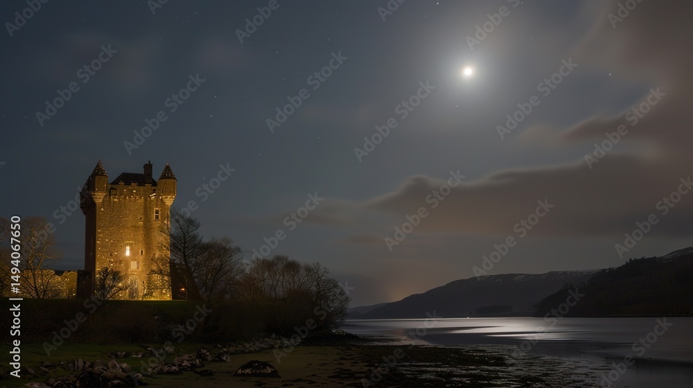 Fototapeta premium Enchanted Reverie: A Nocturnal Tapestry Woven Around the Castle Under Moonlight