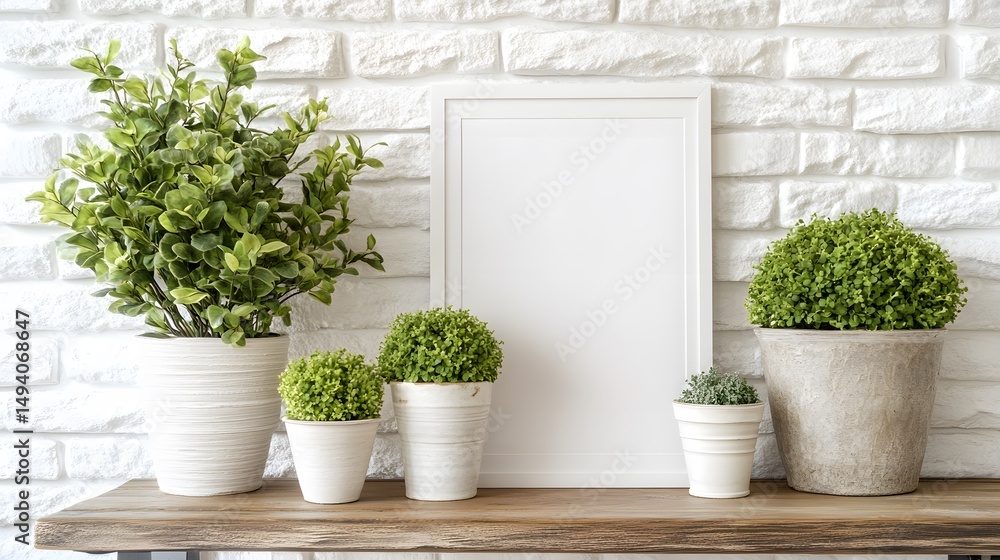 Fototapeta premium White Frame Mockup with Green Plants on Wooden Shelf