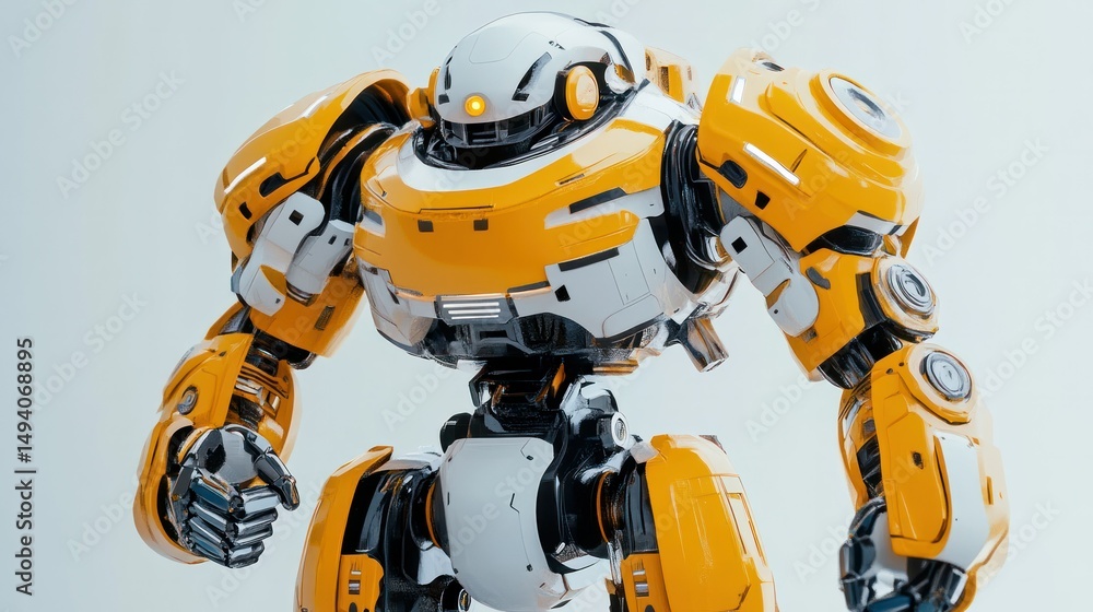 Highly Detailed Close-Up of a Large Futuristic Robot with Yellow and White Armor and Mechanical Joints Exhibiting Advanced Robotics Technology, Isolated on Plain Light Background Highly Detailed Close-Up of a Large Futuristic Robot with Yellow and White Armor and Mechanical Joints Exhibiting Advanced Robotics Technology, Isolated on Plain Light Background
