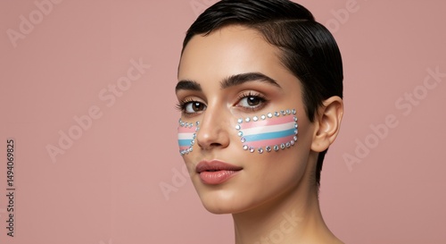 Portrait of a young adult with short dark hair and transgender pride flag makeup with rhinestones on their cheeks, looking confidently at the camera against a pink background.