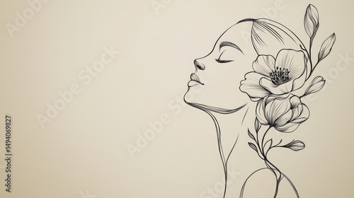 Elegant minimalist line art portrait of a woman with closed eyes and flowing hair adorned with a detailed flower, representing beauty, serenity, and nature harmony