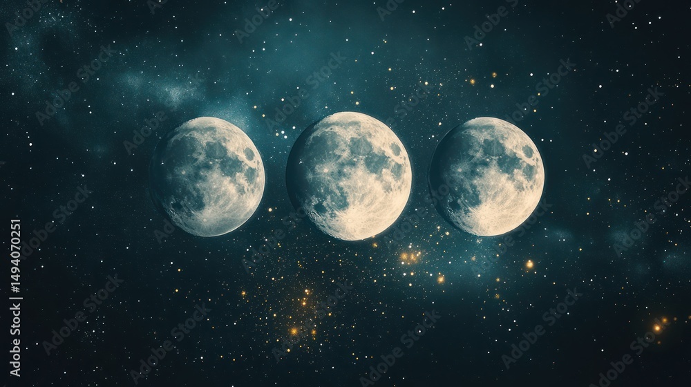 Fototapeta premium Triple moon phases in a night sky filled with stars and cosmic dust, depicting lunar cycle progression with detailed craters and variations in illumination