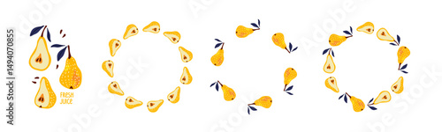 Pear fresh juice. Round frame set and composition of pears. Round frames wit fruits isolated with copy space. Summer background with chopped, whole pears for poster, banner, label, invitation, card.