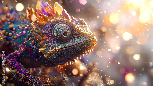 Wallpaper Mural Vibrant closeup of colorful chameleon lizard, showcasing intricate details and sparkling bokeh effects in background Torontodigital.ca