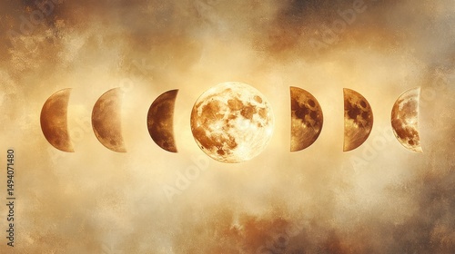 Bohemian Style Moon Phase Wall Art Illustration Showing Different Phases of the Moon Across a Warm Atmospheric Sky with Clouds and a Bright Full Moon at Center