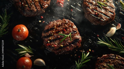 Fototapeta Naklejka Na Ścianę i Meble -  Juicy grilled beef burgers topped with fresh herbs and spices served with cherry tomatoes and garlic cloves on dark rustic surface for outdoor barbecue or dinner