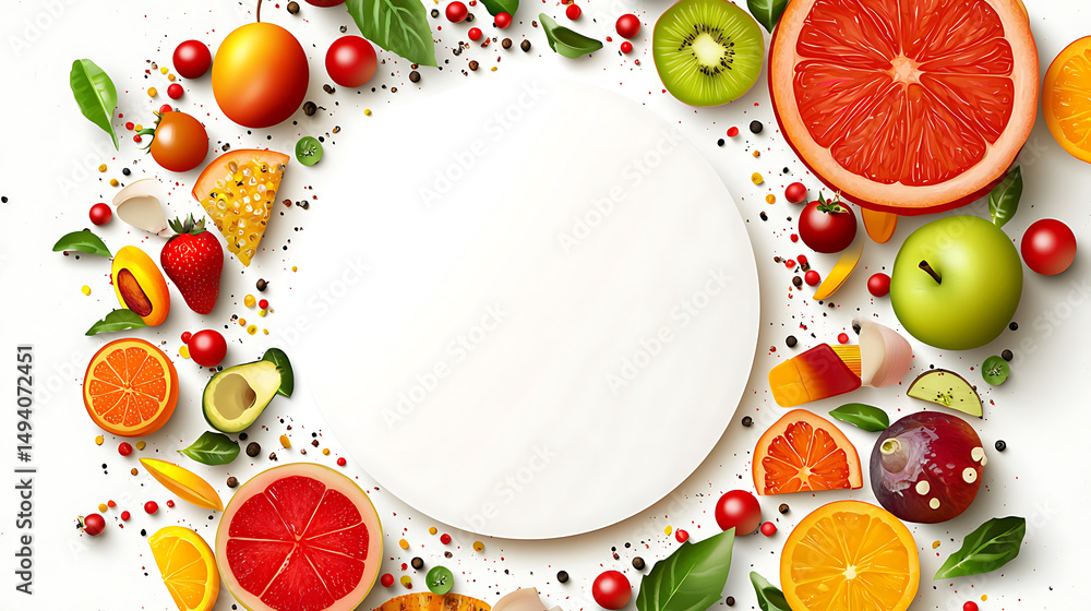 Obraz premium Fresh fruits and vegetables surround blank space, creating vibrant and colorful healthy food background perfect for recipes or menus