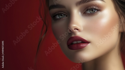Wallpaper Mural Attractive Woman with Glamorous Makeup and Burgundy Lips Posing Against a Dark Red Background Torontodigital.ca
