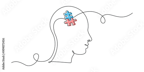 One continuous line drawing of head with puzzle. Mental health and mindfulness psychology concept in simple linear style. Memory concept in editable stroke. Oneline vector illustration