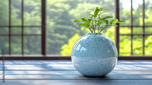 Vase with greenery before window, sunlight