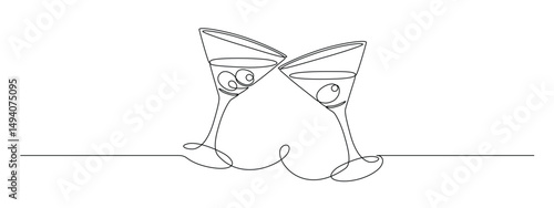Glass of martini with olives in continuous one line drawing. Margarita toast and cheers in simple linear style. Alcohol and cocktail drink menu in editable stroke. Doodle outline vector illustration