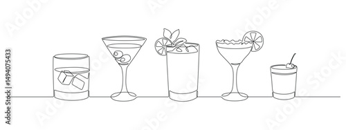 Glass of cocktails in continuous one line drawing. Margarita toast and martini cup in simple linear style. Alcohol drink menu in editable stroke. Doodle contour vector illustration