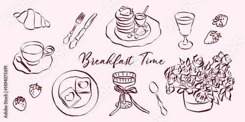 Hand drawn coquette breakfast doodles. Vintage cute symbols with la dolce vita aesthetic in simple crayon and sketch style. Trendy art for menus and wedding invitations. Outline vector illustration