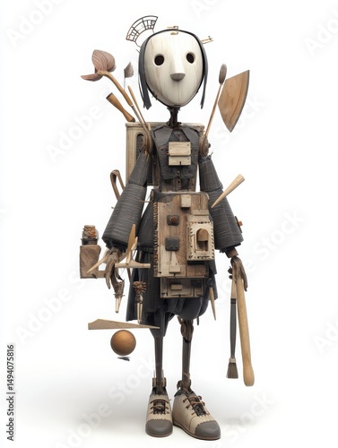 Unique artistic sculpture of a humanoid robot made from various recycled wood and metal materials, featu detailed craftsmanship and playful design