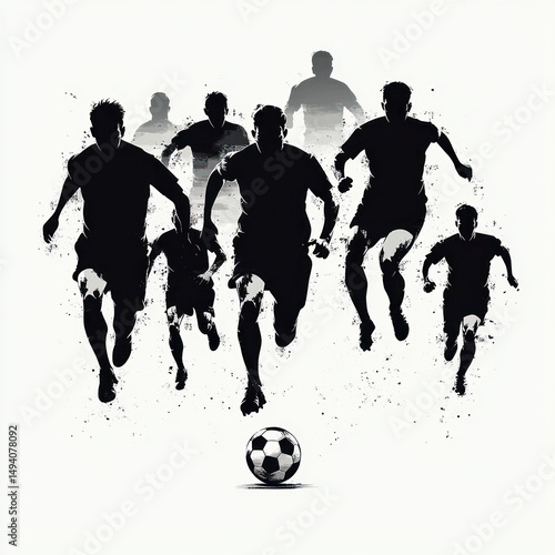 group of seven soccer players running dynamically towards a soccer ball with splattered paint effect in black and white