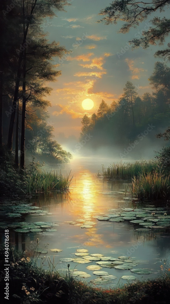 Tranquil forest river landscape at sunrise with mist, lily pads on water, tall trees on banks, and soft warm light reflecting on the calm surface Tranquil forest river landscape at sunrise with mist, lily pads on water, tall trees on banks, and soft warm light reflecting on the calm surface