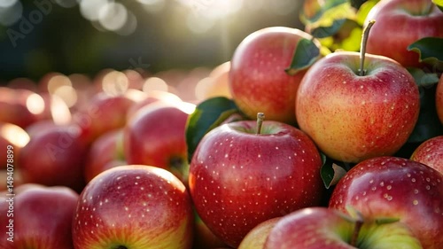 Close-up of ripe red apples with golden yellow skin and green leaves arranged in a natural outdoor setting with soft sunlight illuminating the fruits.