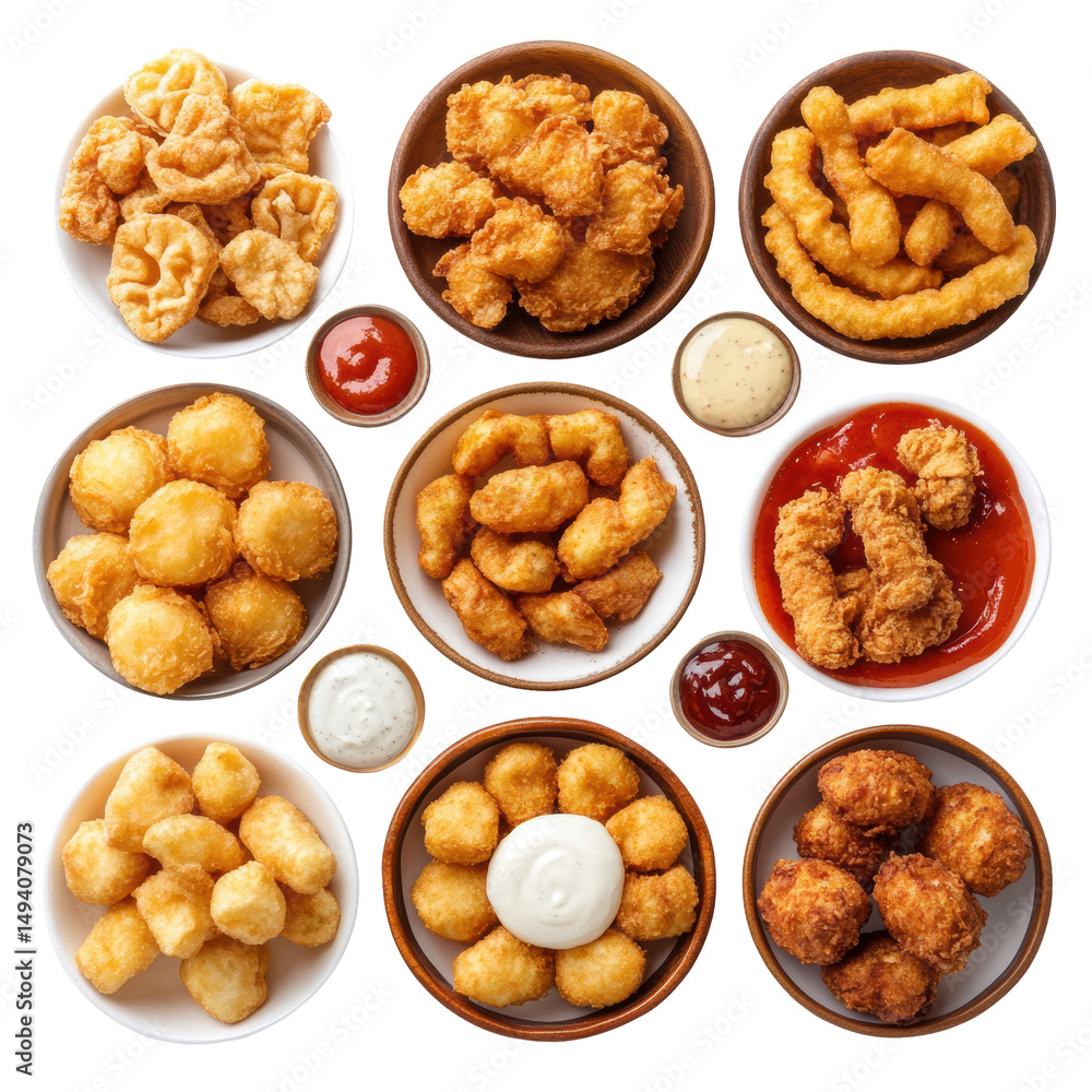 Assorted Fried Snack Platter with Dipping Sauces: Perfect for Parties or Gatherings on transparent background Assorted Fried Snack Platter with Dipping Sauces: Perfect for Parties or Gatherings on transparent background