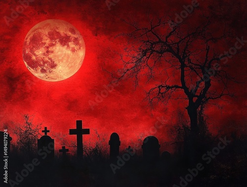 Silhouetted graveyard with crosses and tombstones under a large red moon and a barren tree against a blood-red sky creating a haunting atmosphere