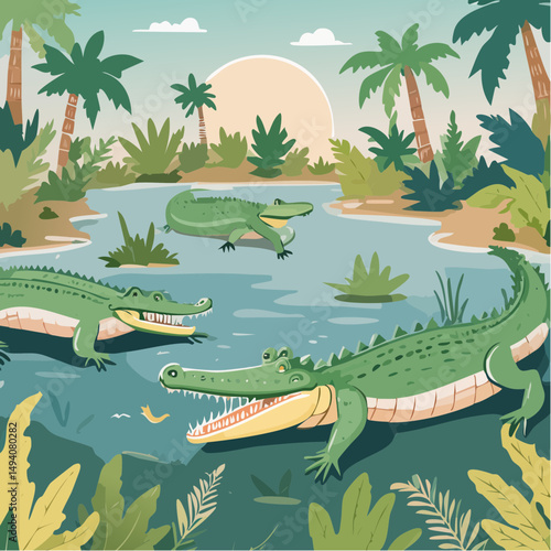Vector Cartoon Image of Everglades Swamp Critters Amidst Tropical Foliage: Alligators