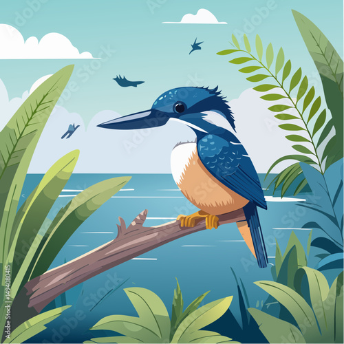 Vector Cartoon Image of Everglades Swamp Critters Amidst Tropical Foliage: Belted Kingfisher