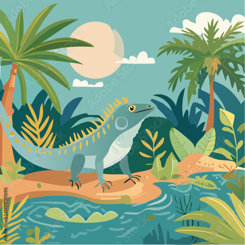 Vector Cartoon Image of Everglades Swamp Critters Amidst Tropical Foliage: Iguana