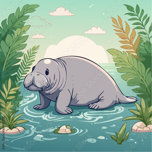 Vector Cartoon Image of Everglades Swamp Critters Amidst Tropical Foliage: Manatee