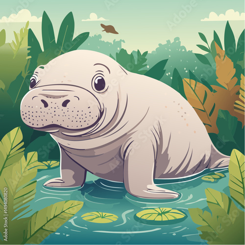 Vector Cartoon Image of Everglades Swamp Critters Amidst Tropical Foliage: Manatee
