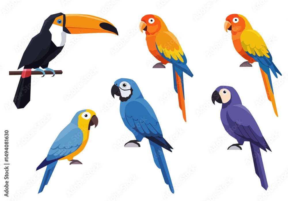 Obraz premium Vibrant Collection of Tropical Birds Toucan and Macaws