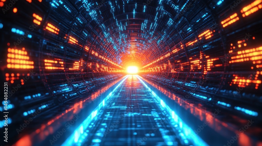 Fototapeta premium Futuristic digital tunnel with glowing blue and orange LED lights converging at a bright central point creating a high-tech immersive corridor