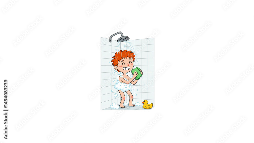 Illustration of a happy child taking a shower with a sponge and rubber ducky cartoon vector design on transparent background Illustration of a happy child taking a shower with a sponge and rubber ducky cartoon vector design on transparent background