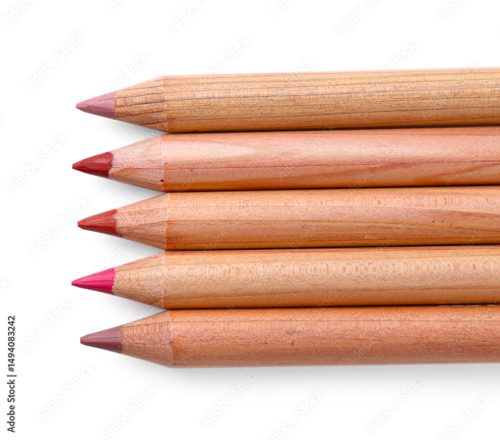 Fototapeta premium Different lip pencils isolated on white, top view