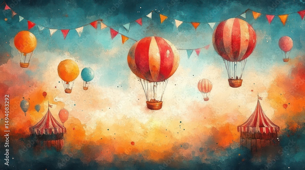 Obraz premium Colorful hot air balloons floating over a festive carnival scene with tents and triangular bunting under a dreamy sky