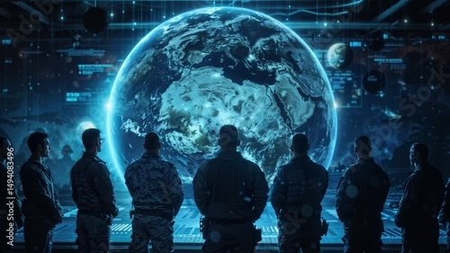 Military personnel silhouettes viewing holographic Earth display in command center. Futuristic tactical operations room animation with global monitoring system with Europe, Africa, Middle East in blue