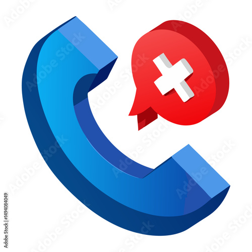 A blue 3D phone receiver icon paired with a red speech bubble containing a white medical cross, symbolizing emergency medical calls or health-related communication.