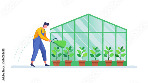 faceless character watering plants in a greenhouse