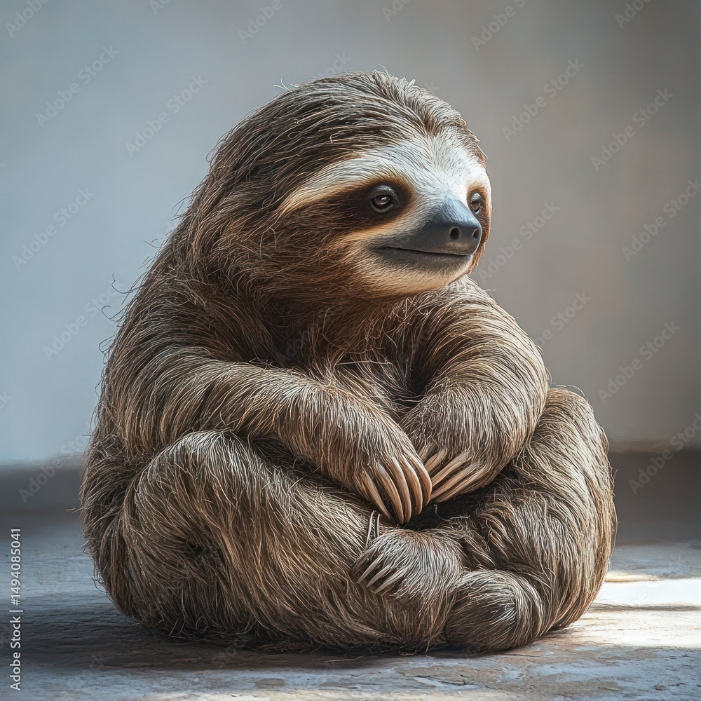 Fototapeta premium Close-up of a relaxed sloth sitting with arms crossed and a slight smile in soft natural light