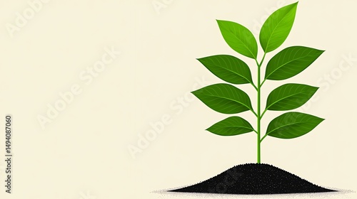 Vibrant Green Plant Sprouting From Dark Soil on Cream Colored