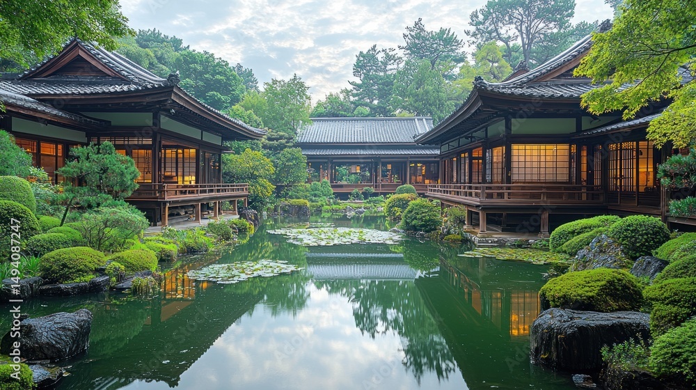 Obraz premium Tranquil Japanese garden with traditional wooden buildings reflecting in a pond. Lush greenery surrounds the serene scene