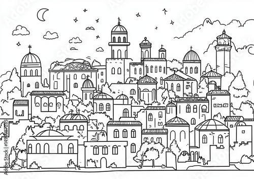 Wallpaper Mural Ville médiévale stylisée en noir et blanc Torontodigital.ca