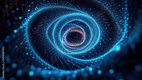 Abstract glowing blue and purple mesh vortex spiraling inward creating a sense of depth and motion