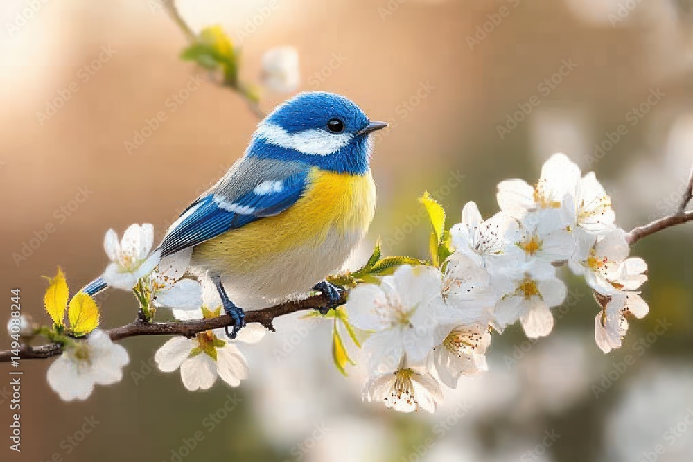 Obraz premium colorful small bird with vibrant blue, yellow, and white feathers perched on blossoming branch with delicate white flowers and fresh green leaves in soft natural light