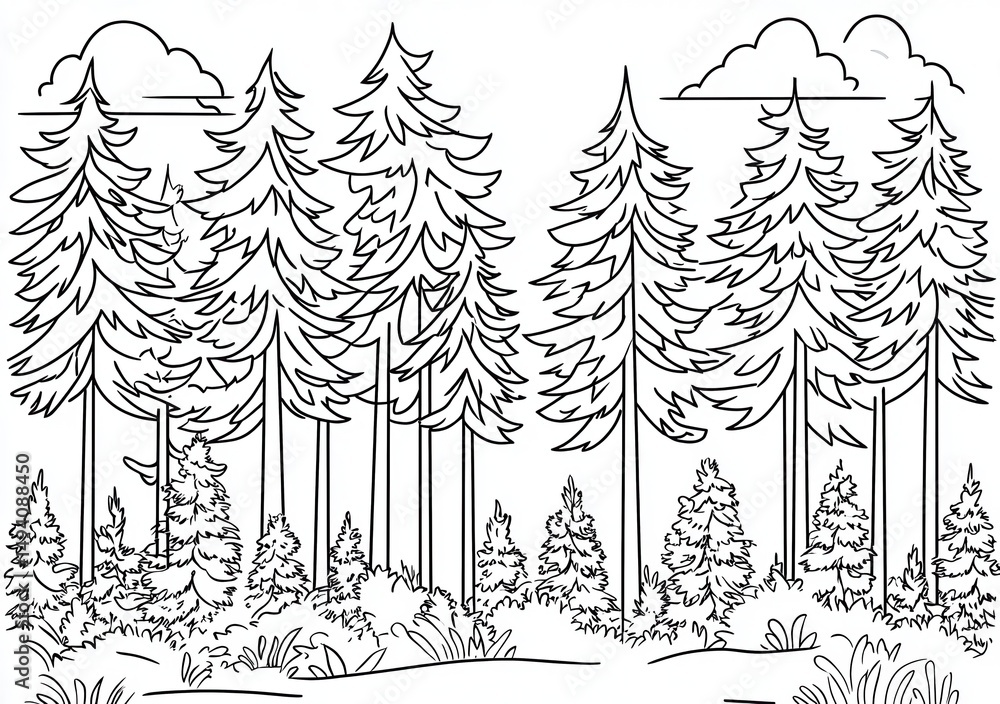 Naklejka premium Forêt de sapins, dessin au trait, monochrome