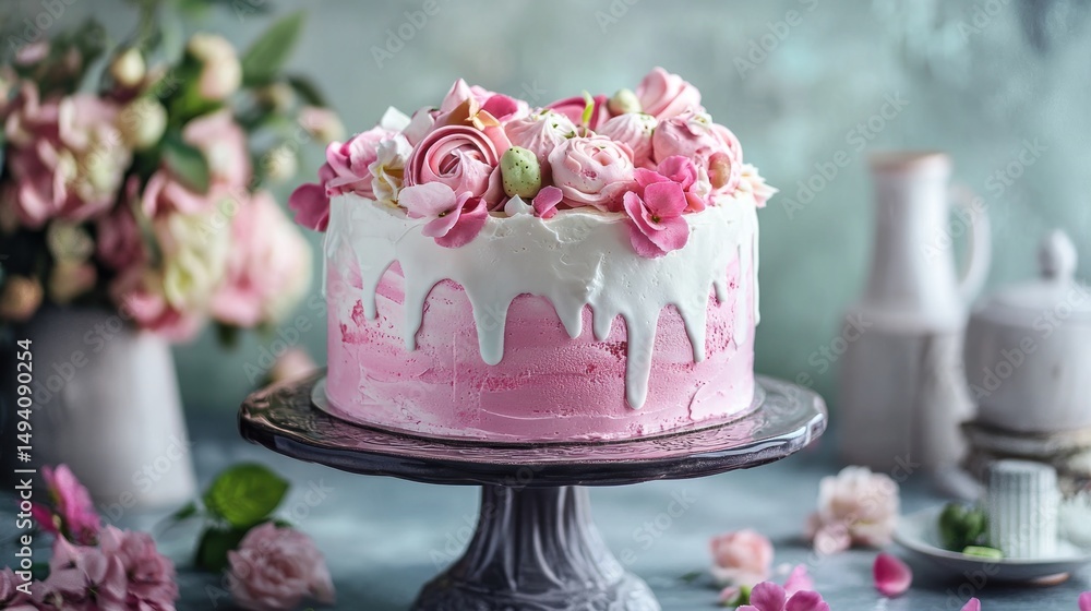 Delicate pink and white cake decorated with roses Delicate pink and white cake decorated with roses