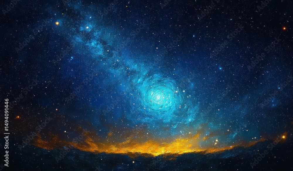 Fototapeta premium Vivid galaxy with swirling blue core and glowing stars above fiery golden horizon evoking cosmic wonder and mystery
