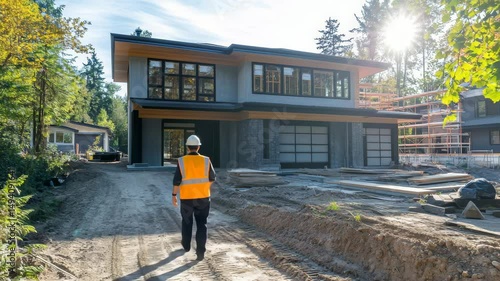A modern house under construction, with a construction worker walking towards it.