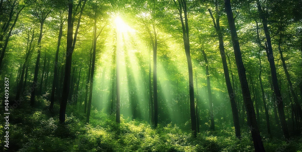 Fototapeta premium Sunlight streaming through tall green trees in a dense forest with lush undergrowth, creating a serene and peaceful atmosphere