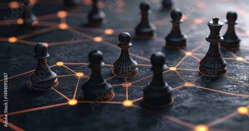 Black chess pieces connected by glowing orange network lines on a dark textured surface symbolizing strategy and connectivity