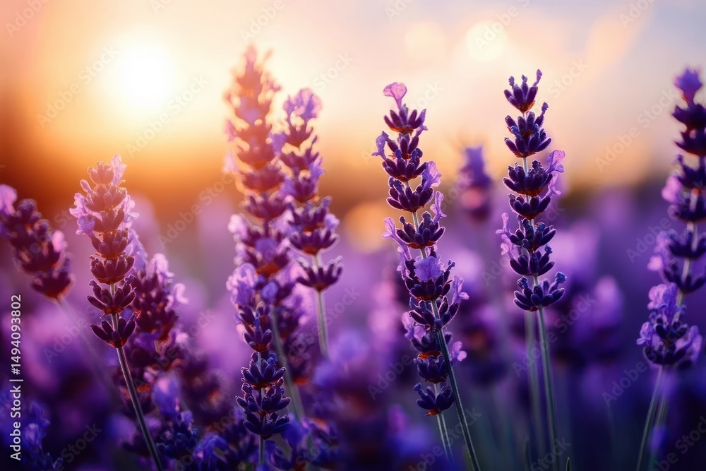 Fototapeta premium Close-up of vibrant purple lavender flowers illuminated by warm golden sunlight during sunset creating a peaceful and calming atmosphere